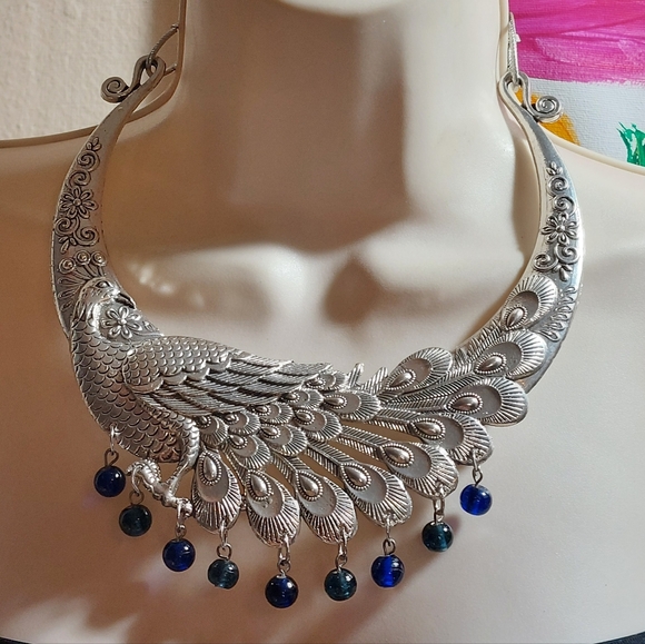 Jewelry - Bohemian Peacock Bird Silver Tone Chunky Bib Statement Collar Necklace